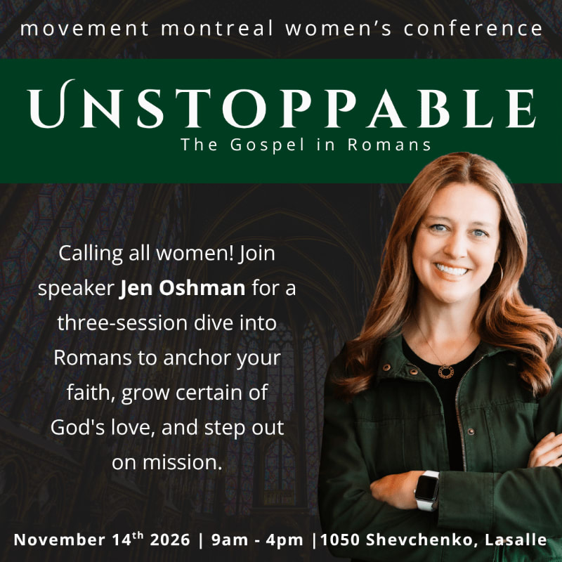 A smiling woman in a green jacket is featured in the foreground, with text announcing a women's conference and event details set against a blurred architectural background.