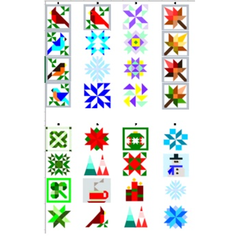 Colorful quilt blocks featuring birds, snowflakes, leaves, and festive designs are arranged in two rows against a white background.