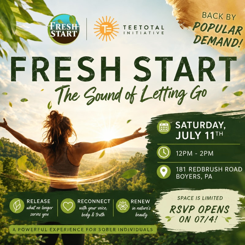 A woman with outstretched arms in the foreground is silhouetted against a sunlit, green landscape in the background, promoting a "Fresh Start" event.