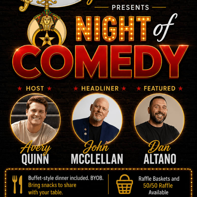 Three comedians are featured in the foreground of a "Night of Comedy" poster, with a dark, ornate background.