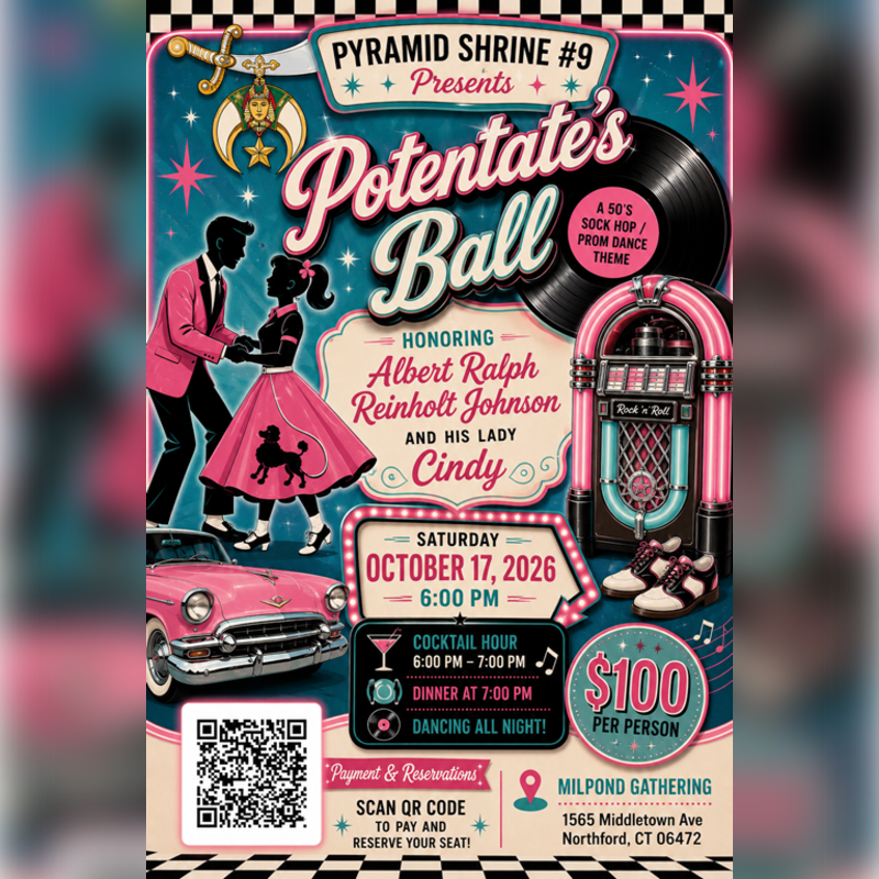 A 1950s-themed "Potentate's Ball" flyer features a pink Cadillac and dancing couple in the foreground, with a jukebox, record, and other retro elements in the background.