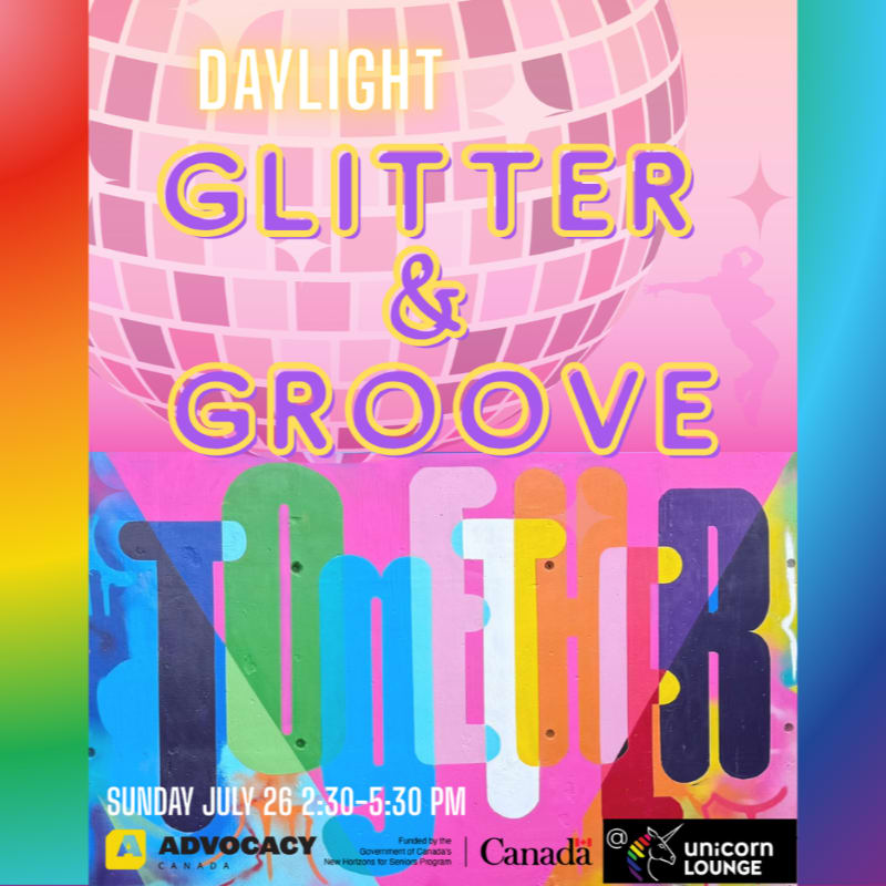A disco ball shines over the words "DAYLIGHT GLITTER & GROOVE" in the background, while colorful letters spelling "TOGETHER" fill the foreground.