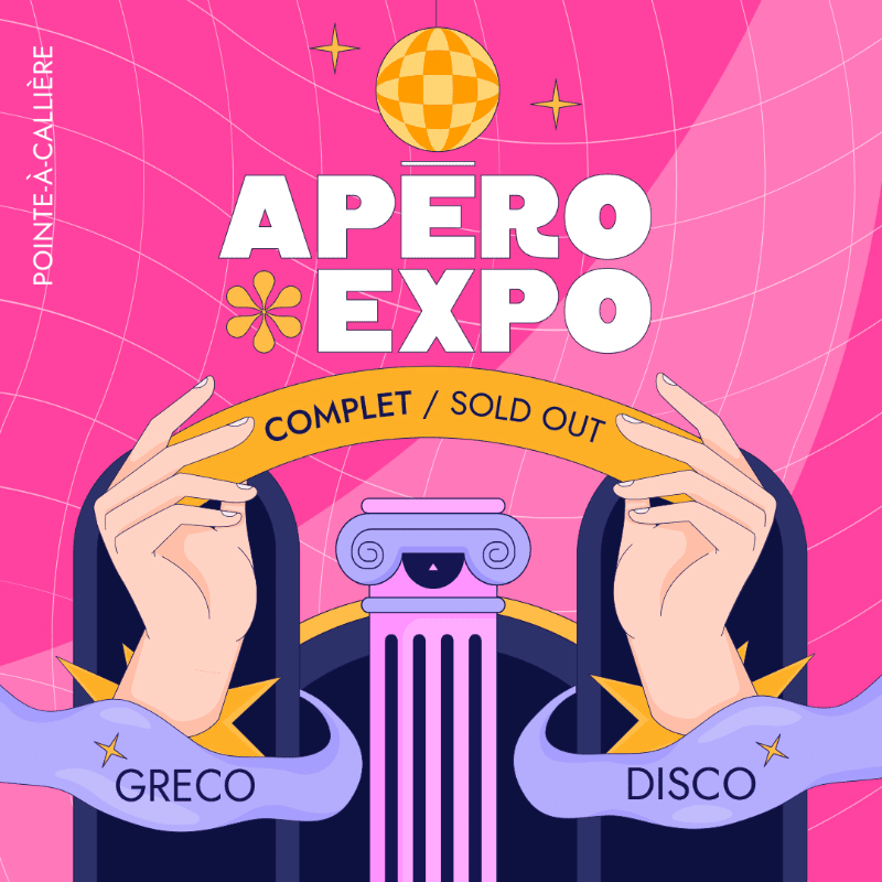 Two stylized hands hold a yellow arch over a classical column, with a disco ball and "APERO EXPO" text against a pink grid background.