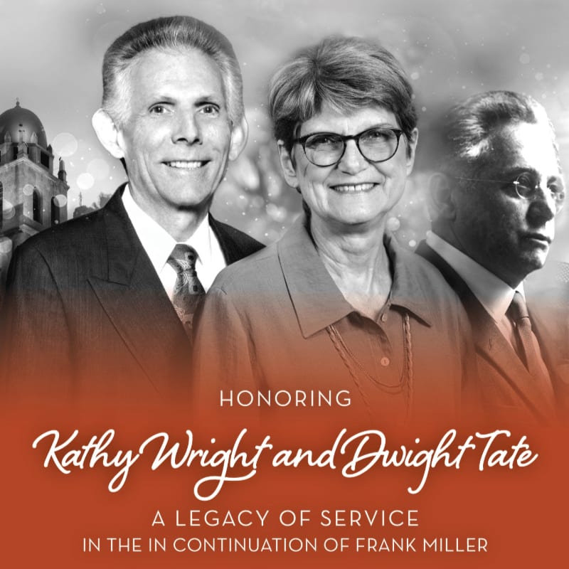 A black and white portrait of three individuals is overlaid with text honoring Kathy Wright and Dwight Tate, with a blurred building in the background.