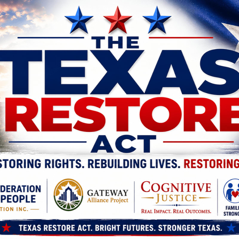 The foreground displays the title "THE TEXAS RESTORE ACT" with accompanying logos and slogans, while the background features a blurred image of the Texas flag.