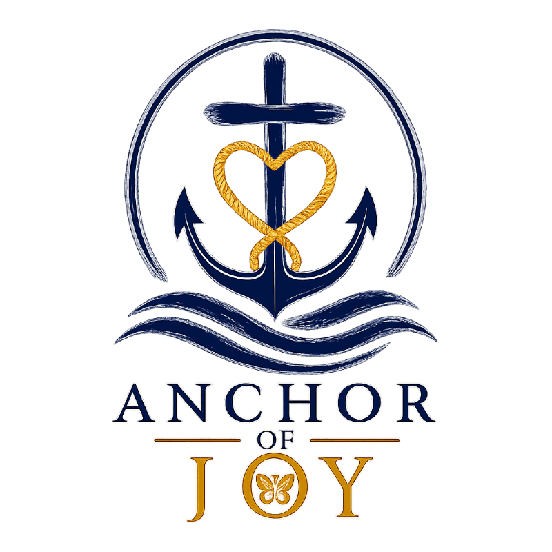 A navy anchor with a golden heart-shaped rope rests on stylized blue waves, set against a white background with the text "ANCHOR OF JOY" below.