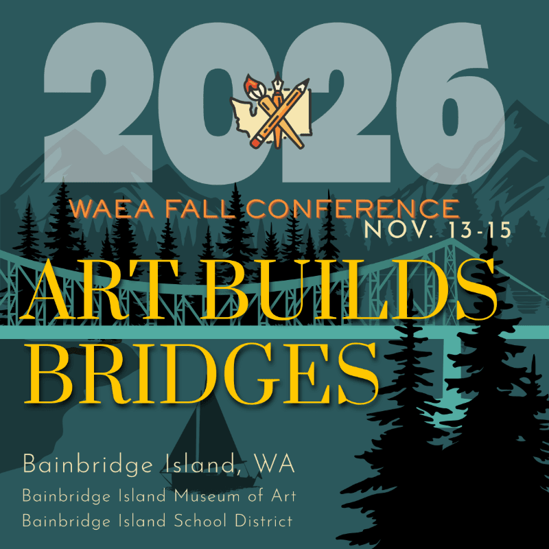 Silhouetted pine trees in the foreground frame a bridge and mountains under a twilight sky, with the text "2026 WAEA FALL CONFERENCE ART BUILDS BRIDGES" prominently displayed.