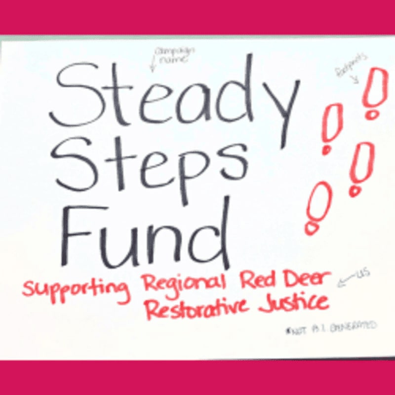 Hand-drawn text on a white background announces "Steady Steps Fund Supporting Regional Red Deer Restorative Justice," with red footprints in the upper right corner.
