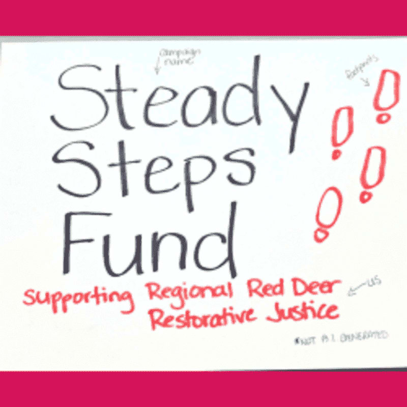 Hand-drawn text on a white background announces "Steady Steps Fund Supporting Regional Red Deer Restorative Justice," with red footprints in the upper right corner.