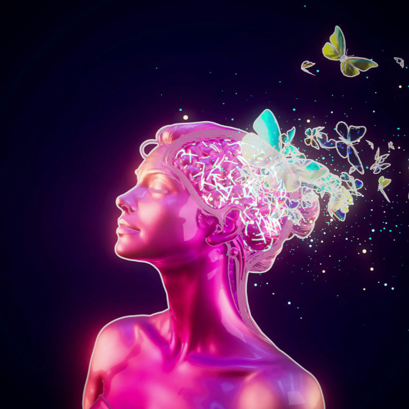 Woman's head exploding into butterflies and glitter