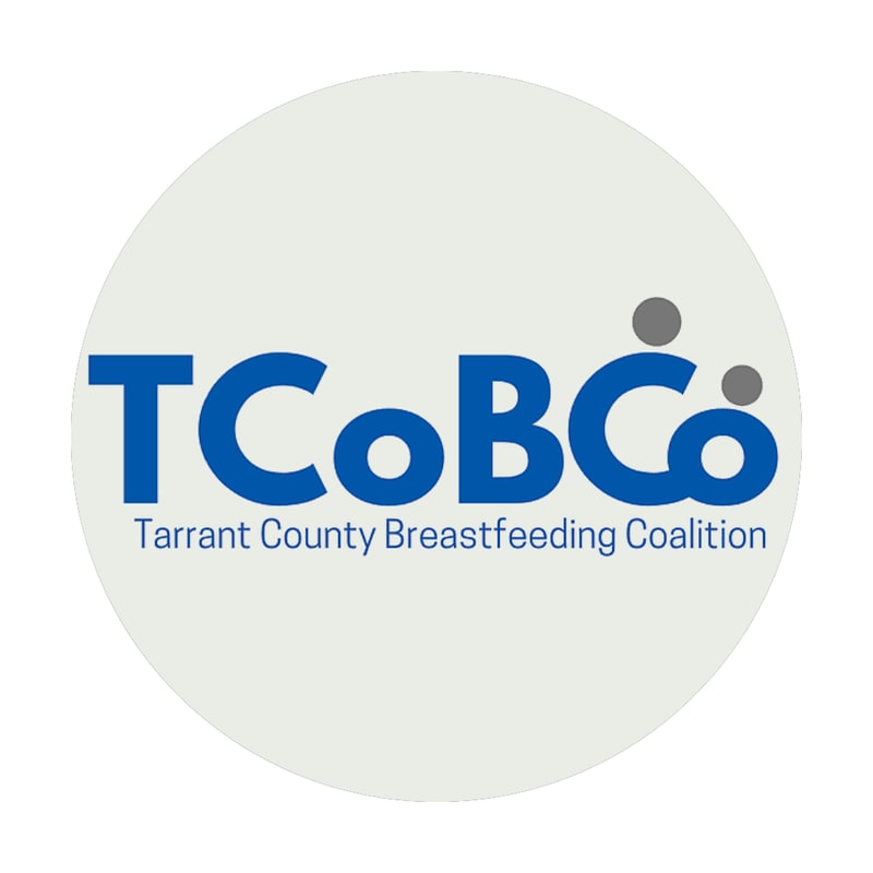 A light gray circle contains the blue text "TCoBCo" with two small gray circles above the "o" and "o", and below it, the words "Tarrant County Breastfeeding Coalition" in smaller blue text.