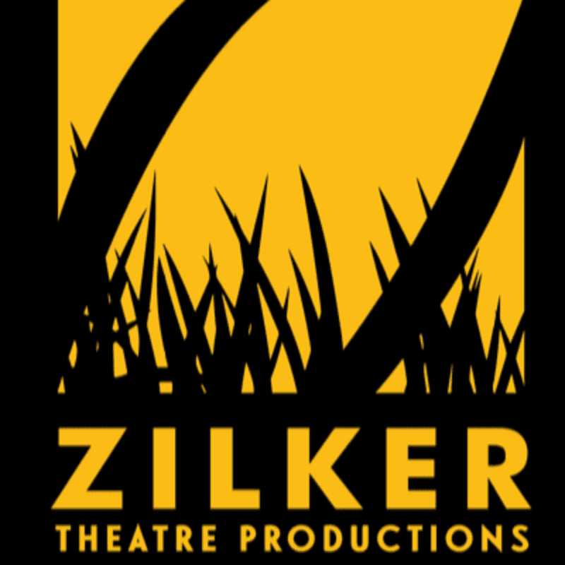 Black blades of grass in the foreground are silhouetted against a bright yellow background, with the words "ZILKER THEATRE PRODUCTIONS" in white text at the bottom.