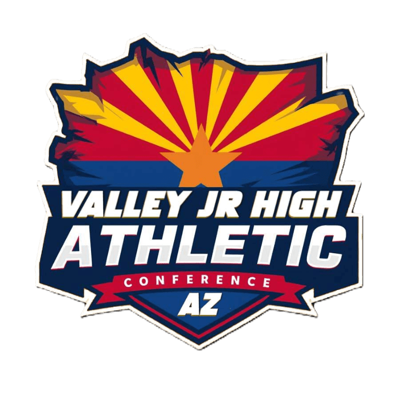 A logo for the Valley Jr High Athletic Conference AZ features the Arizona state outline with a sunburst design in the background and bold text in the foreground.