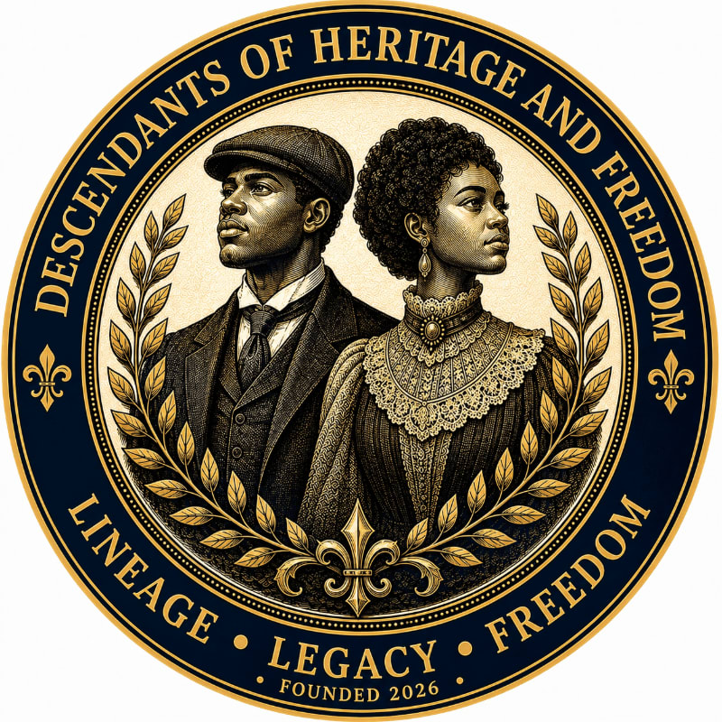 A circular emblem features a portrait of a Black man and woman in historical attire, framed by laurel leaves and inscribed with text about heritage and freedom.