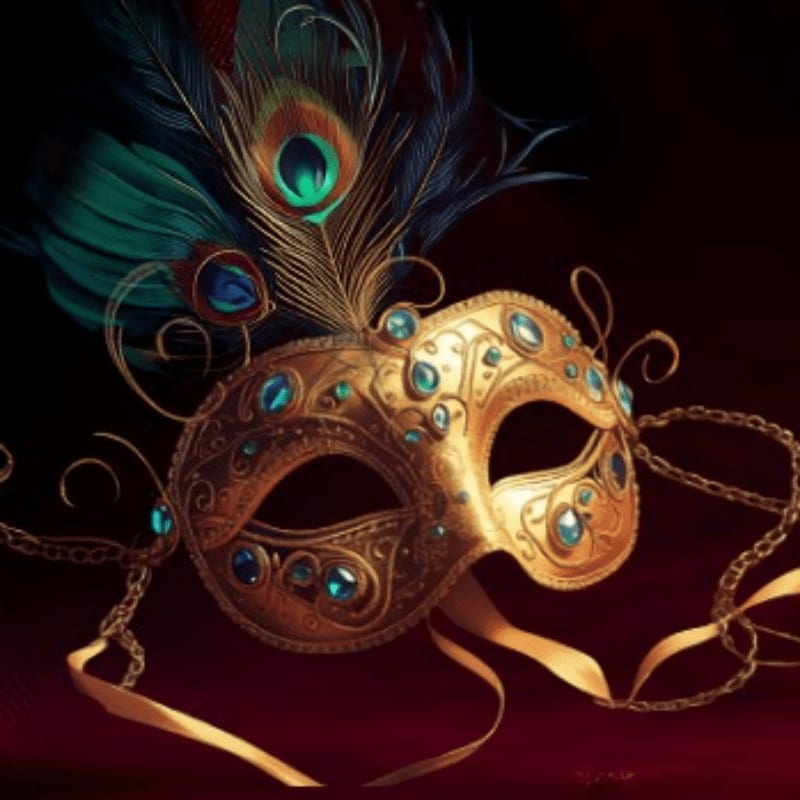 A golden, jeweled Venetian mask adorned with peacock feathers rests on a dark red surface, with a dark, blurred background.