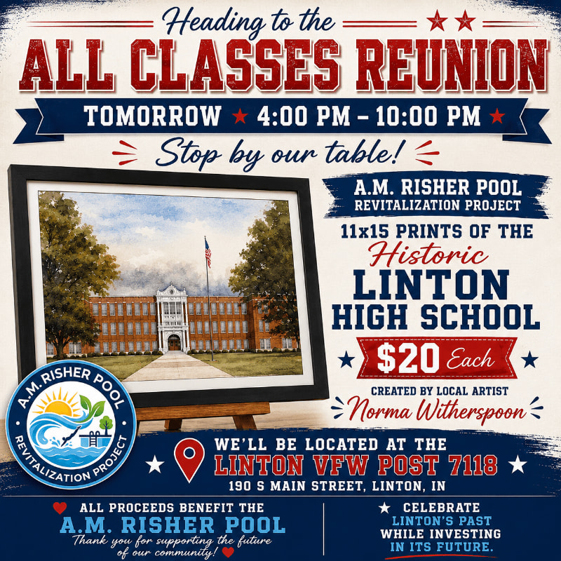 A framed painting of Linton High School sits on an easel in the foreground, with event details for an all-classes reunion and a revitalization project filling the background.