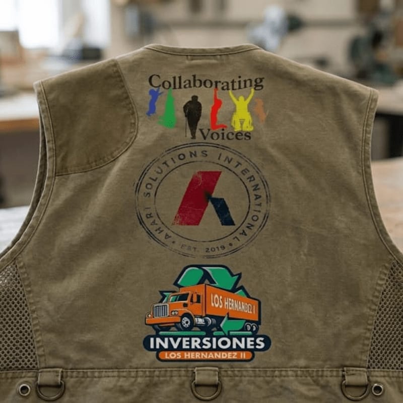A tan vest with colorful logos is laid out on a wooden surface, with a blurred workshop in the background.