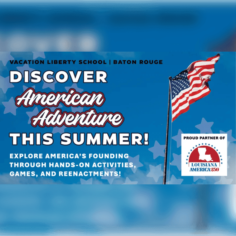 A waving American flag stands in the background against a blue sky with white stars, while the foreground features bold white and red text promoting a summer adventure at Vacation Liberty School.