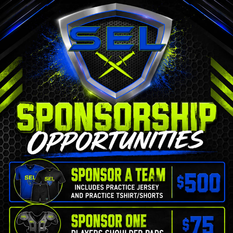 In the foreground, sponsorship opportunities for "SEL" are advertised with pricing for team and individual sponsorships, while the background features a dark, textured design with neon blue and green accents.