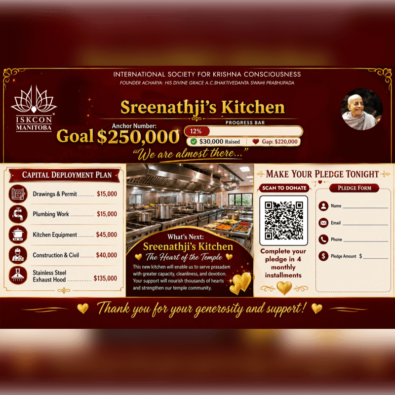 A promotional poster for ISKCON Manitoba's Sreenathji's Kitchen fundraising campaign features a large, modern kitchen in the foreground and a portrait of a spiritual leader in the background.