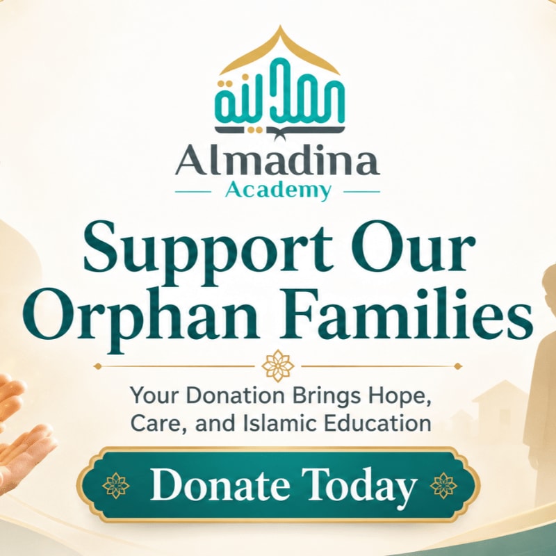 In the foreground, a call to action urges donations for orphan families, while the background features a subtle silhouette of a mosque and hands reaching out.