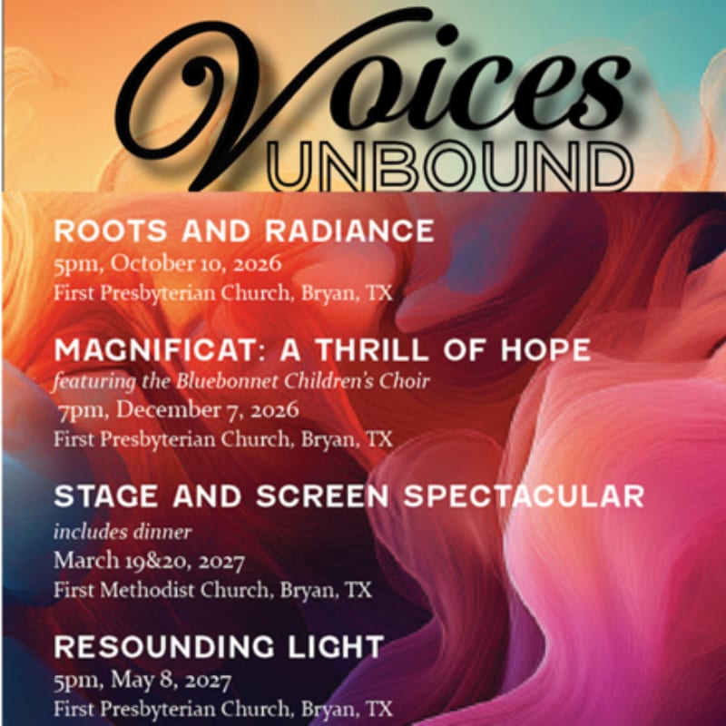 The foreground lists event details for "Voices Unbound" with dates and locations, while the background features abstract, flowing colors in shades of orange, pink, and blue.