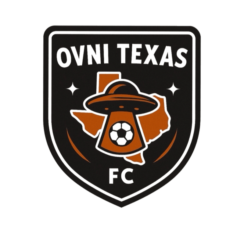 A black shield with a white border frames a stylized orange outline of Texas, featuring a UFO with a soccer ball inside and the text "OVNI TEXAS FC" above.
