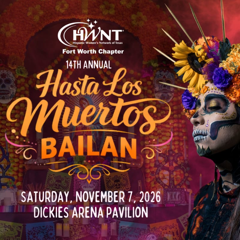 A woman with skull face paint and a floral headdress stands in the foreground against a background advertising the 14th Annual "Hasta Los Muertos Bailan" event.
