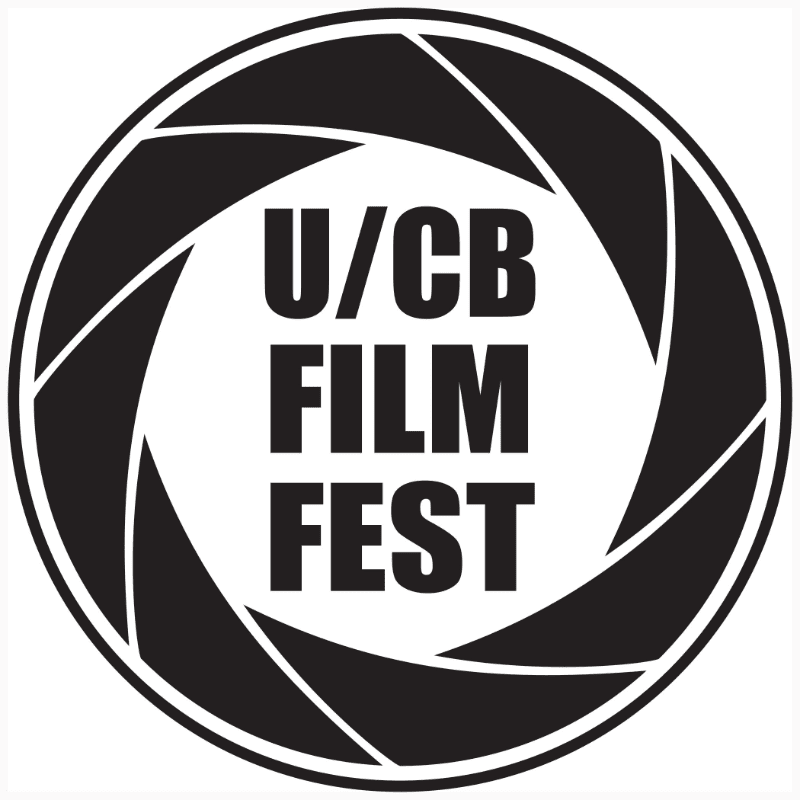 A black and white circular logo with overlapping blades resembling a camera aperture frames the bold text "U/CB FILM FEST" in the foreground, set against a plain white background.