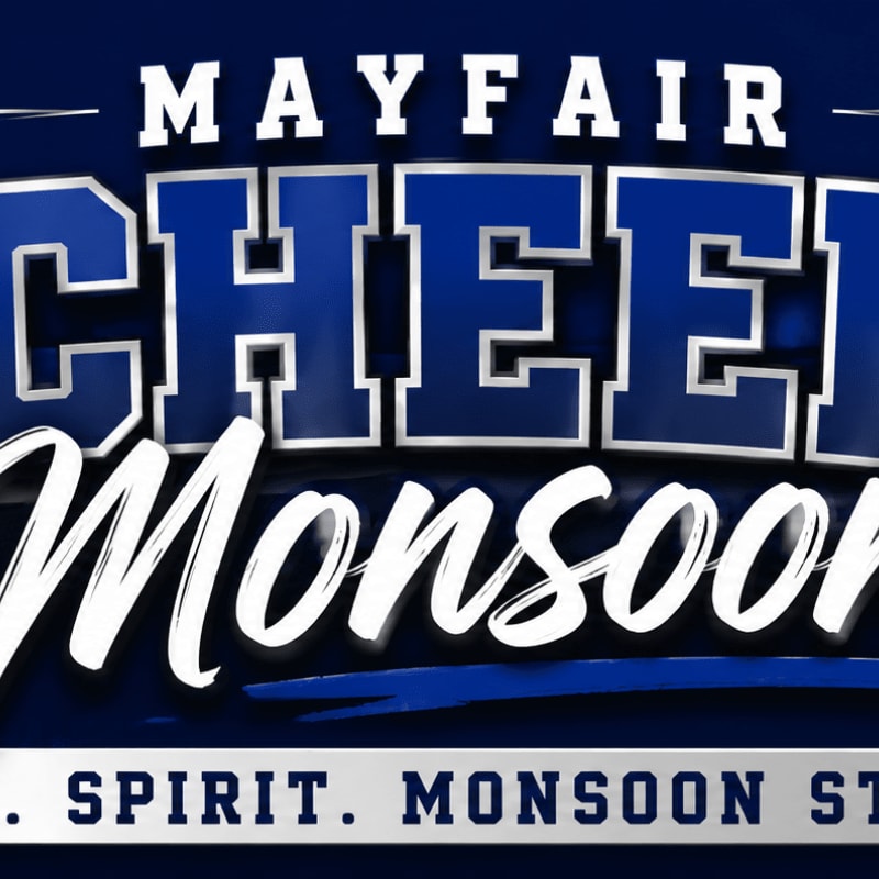 Bold blue and white text reading "MAYFAIR CHEER MONSOON" dominates the foreground, with a dark blue background.