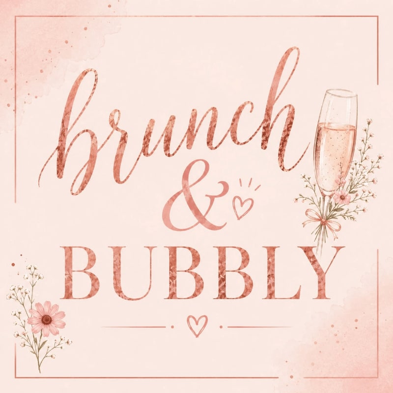 A champagne flute filled with bubbly stands to the right of the words "brunch & BUBBLY" written in rose gold script and block letters, all set against a soft pink watercolor background with floral accents.