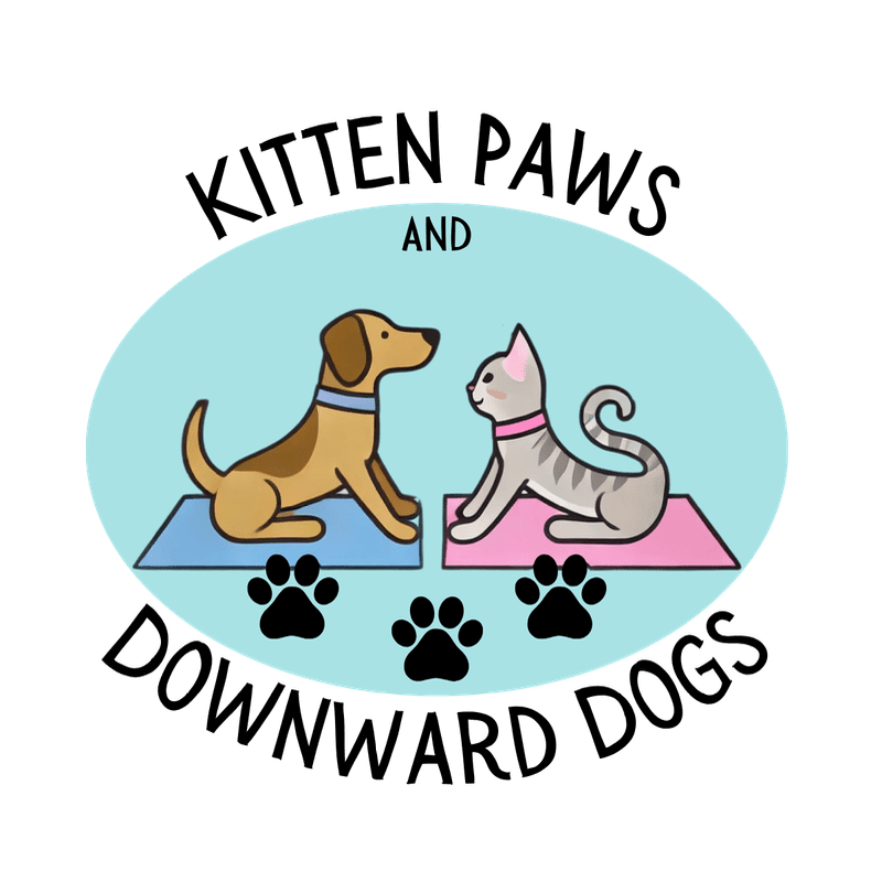 A brown dog and a gray cat sit on yoga mats, with paw prints below and the text "KITTEN PAWS AND DOWNWARD DOGS" encircling them against a light blue background.