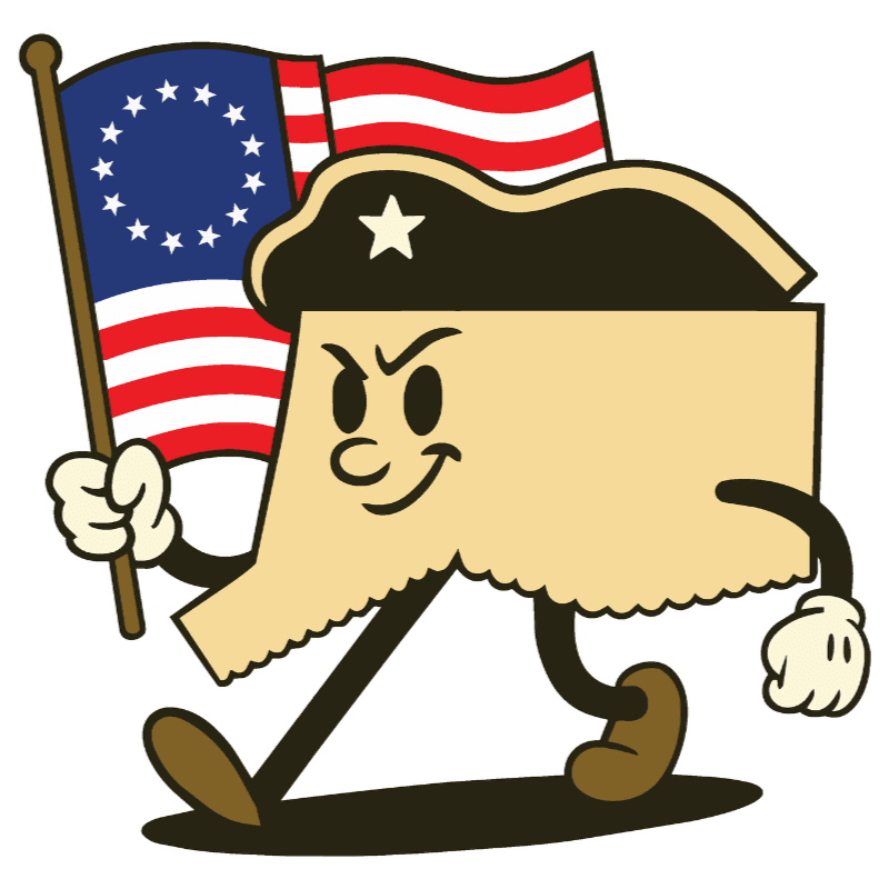 A cartoonish, tan-colored state shape with arms and legs marches forward holding a colonial-era American flag.