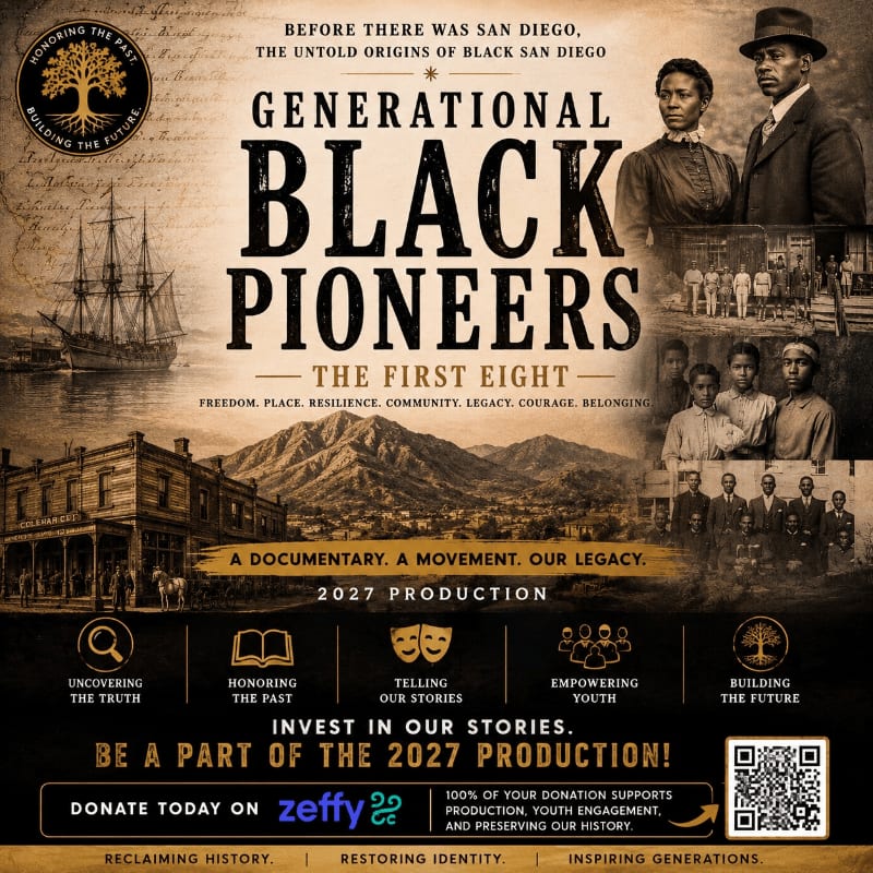 A collage of historical images of Black pioneers in San Diego, including portraits, a ship, and buildings, is presented with text promoting a documentary and a call to donate.