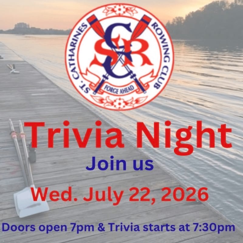 A wooden dock in the foreground displays event details for "Trivia Night" hosted by St. Catharines Rowing Club, with a calm body of water and a sunset sky in the background.