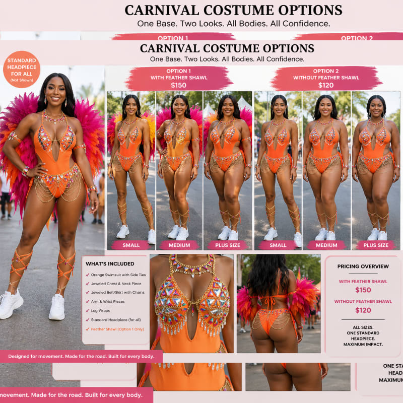 In the foreground, several women model vibrant orange carnival costumes with varying accessories, while the background displays a blurred street scene with people.