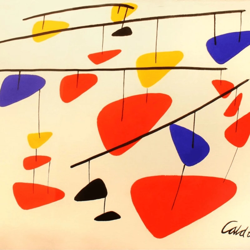 Abstract shapes of red, yellow, and blue hang from black rods against a cream background, with a signature in the lower right corner.