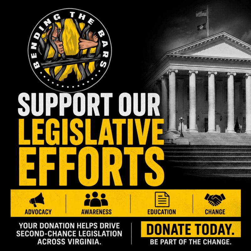 In the foreground, bold yellow text urges viewers to "SUPPORT OUR LEGISLATIVE EFFORTS" and "DONATE TODAY," while the background features a grand building with columns and steps, likely a government institution.