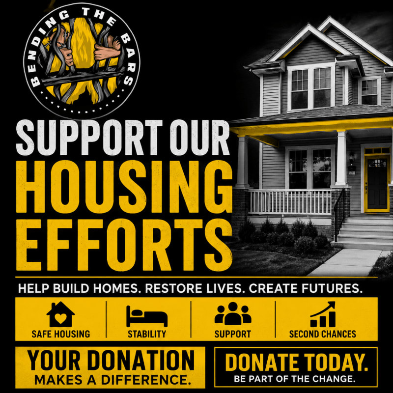 A house with a porch is pictured in the background, while the foreground displays bold yellow text promoting housing support efforts.