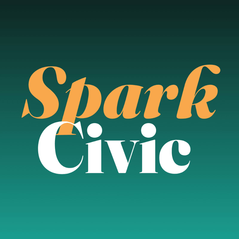 Orange and white text reading "Spark Civic" is centered against a gradient background of dark teal to green.