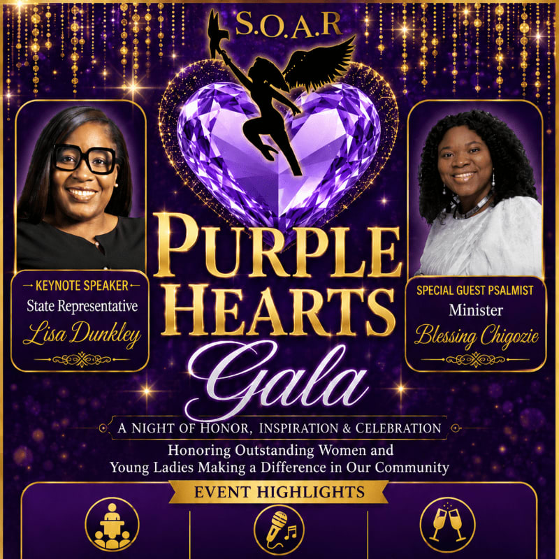 Two women are featured in the foreground against a backdrop of a large purple heart and sparkling purple lights, advertising the "Purple Hearts Gala."