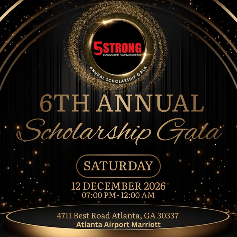 A black and gold invitation for the 6th Annual Scholarship Gala features event details in the foreground against a backdrop of shimmering lights and ornate arches.