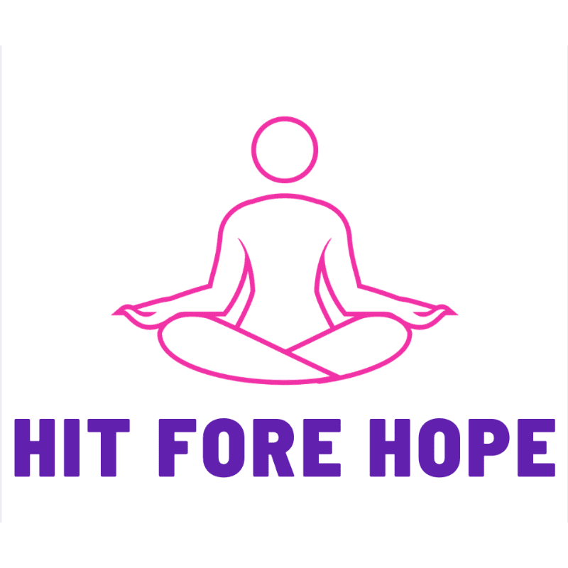 A stylized figure meditates in a lotus pose above the bold purple text "HIT FORE HOPE" on a white background.