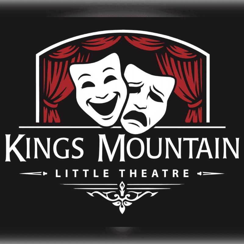 Two theatrical masks, one smiling and one frowning, are displayed in front of red curtains, with the words "KINGS MOUNTAIN LITTLE THEATRE" written below.