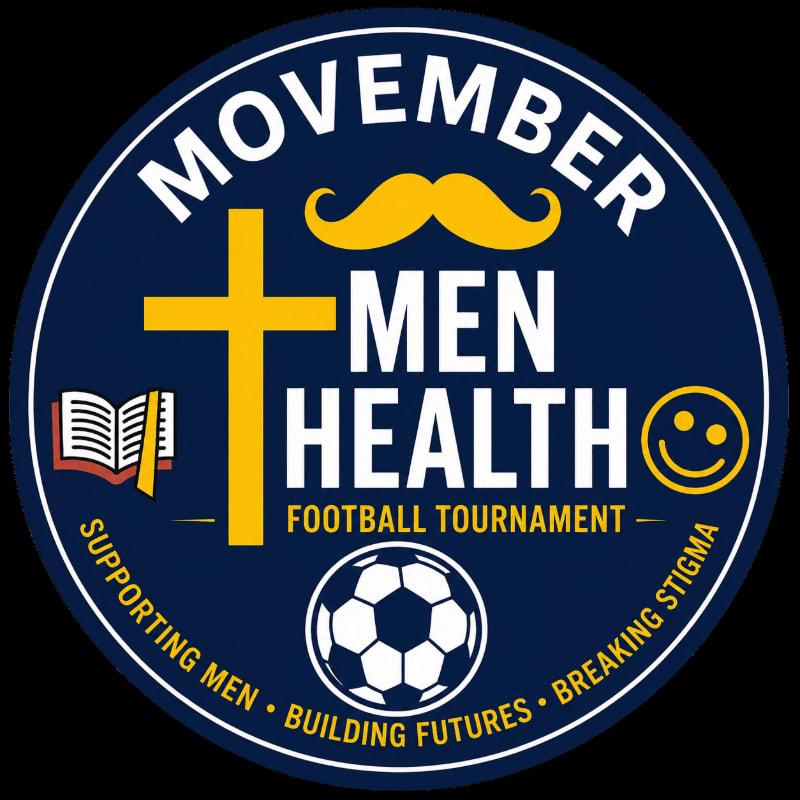 A circular logo for a Movember men's health football tournament features a yellow mustache and cross in the foreground, with a soccer ball at the bottom, all set against a dark background with text around the perimeter.