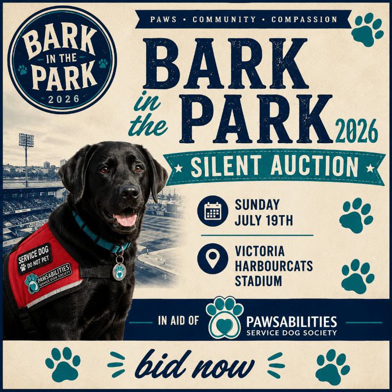 A black Labrador wearing a "Service Dog" vest stands in the foreground with a stadium in the background, advertising "Bark in the Park 2026 Silent Auction" for Pawsabilities Service Dog Society.