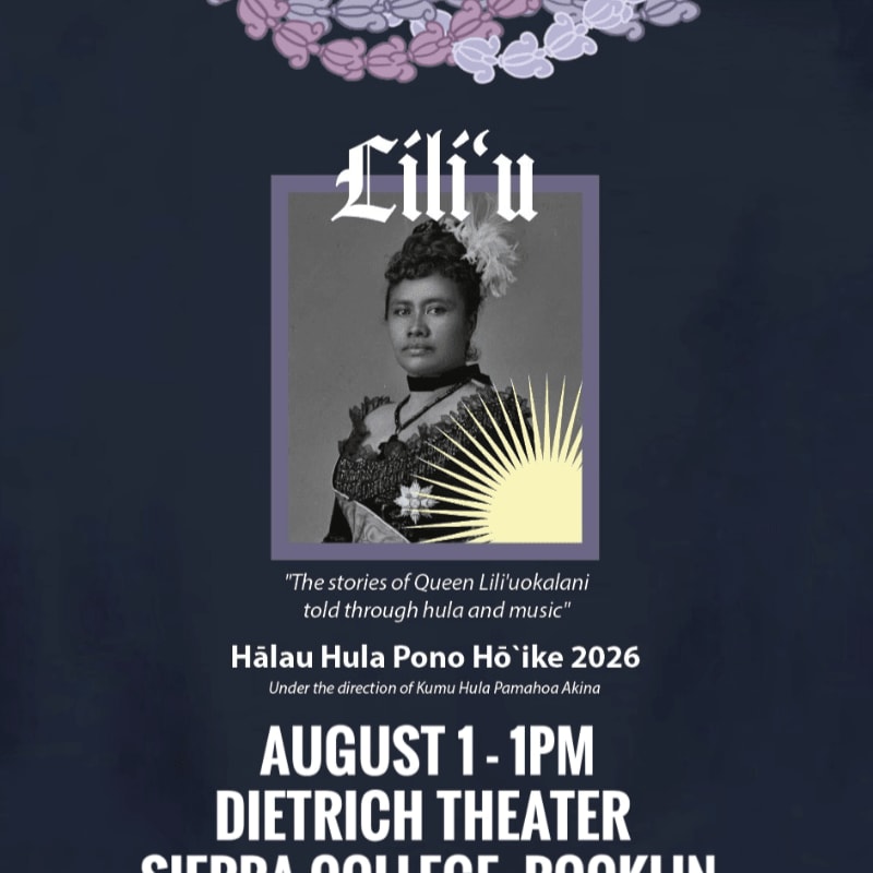 A black and white portrait of Queen Lili'uokalani is centered on a dark blue background, with decorative floral elements at the top and event details at the bottom.