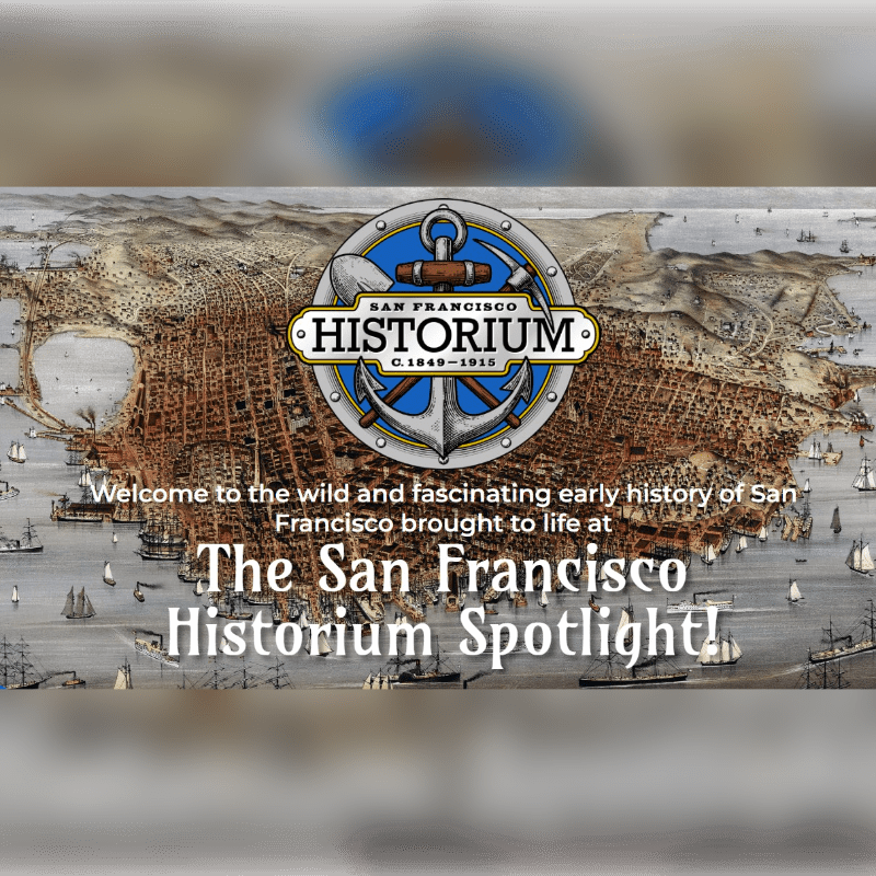 A vintage map of San Francisco with a logo and text overlaying it.