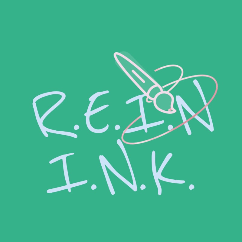 A teal background frames the light blue text "R.E.I.N. I.N.K." with a stylized paintbrush and swirling lines above the letters.