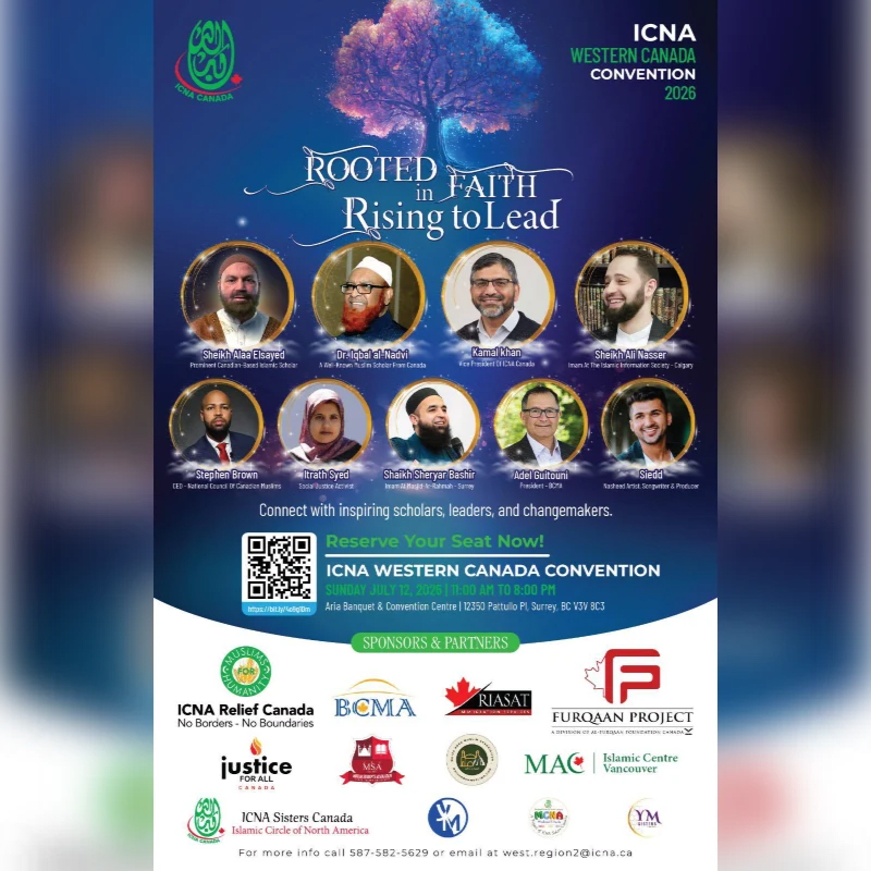 A poster for the ICNA Western Canada Convention 2026 features a tree with colorful roots and branches in the background, and portraits of speakers, event details, and sponsor logos in the foreground.